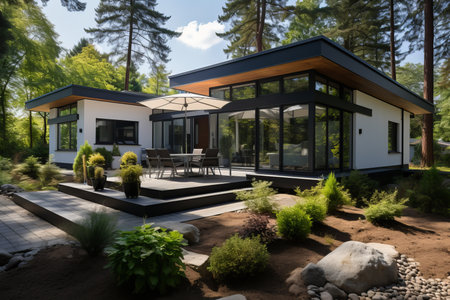 Modern suburban house with solar panels and photovoltaic system for eco-friendly livingの素材