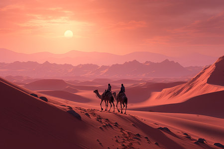 Desert landscape at sunset with camels trekking, pink skies, and large sun setting over horizonの素材