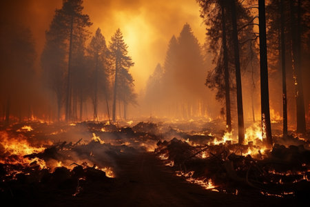Devastating wildfire raging through dense forest, poses grave ecological threat to environmentの素材