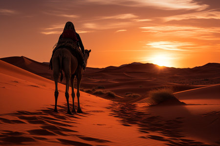 Sunset desert landscape with camels, pink skies, and sun setting over the horizonの素材