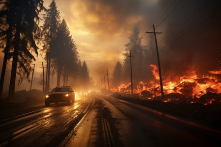 Devastating wildfire raging through dense forest, causing havoc and ecological threatsの素材