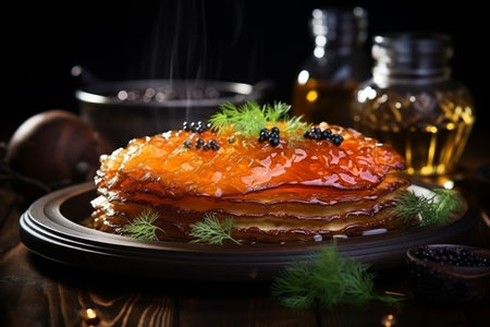 Traditional Russian maslenitsa. hot pancakes with red caviar and butter, steaming in sunlightの素材