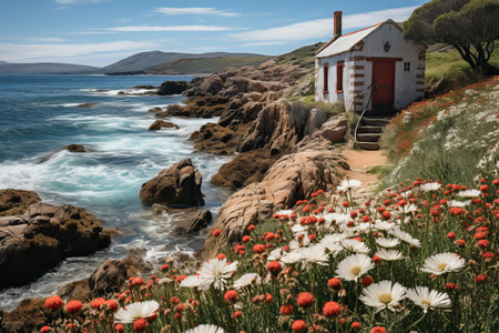 Charming fishermans house near the sea, pathway lined with vibrant blooming poppiesの素材