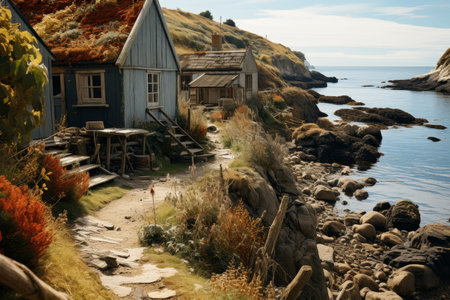 fishermans house surrounded by vibrant poppy fields and a pathway leading to the seaの素材