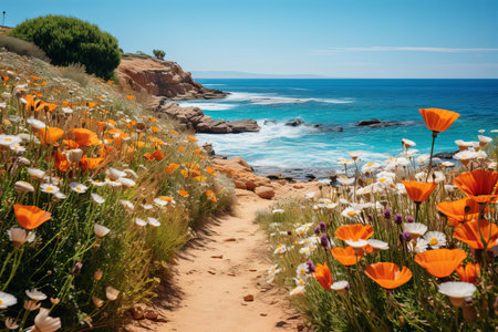the sea surrounded by a field of beautiful blooming poppiesの素材