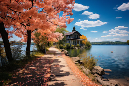 Charming fishermans cottage by the sea with pathway through beautiful blooming poppies fieldの素材