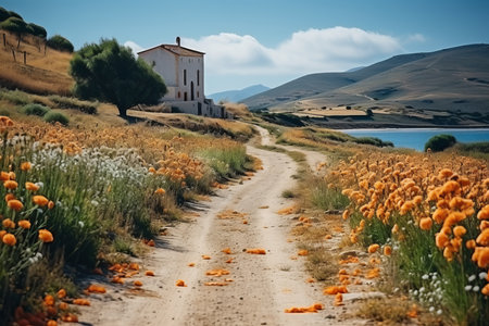 Picturesque seaside fishermans hut on pathway surrounded by blooming poppy fieldの素材