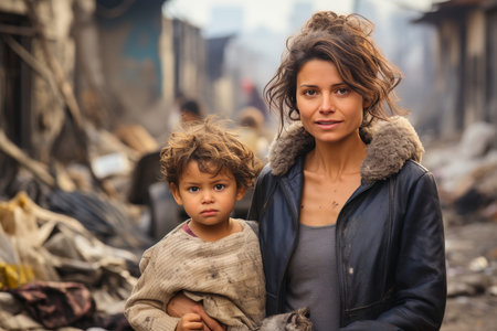 Latin American woman with child at Mexico-American border. Emigration crisis in Texasの素材