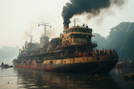 Global pollution. ship with net collects plastic debris as people collaborate to clean the oceanの素材