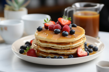 Healthy breakfast. cute hare pancake with berries, honey, recipe on concrete backgroundの素材