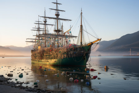 Ship equipped with a net gathering plastic and debris from the ocean to combat global pollutionの素材