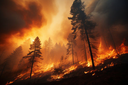 Devastating wildfire raging through dense forest, posing grave ecological threat, environment damageの素材