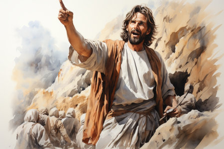 Silhouette of Jesus preaching on mountain. Crowd surrounding him. Watercolor paintingの素材