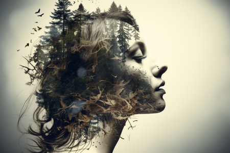Creative double exposure portrait of a woman combined with a serene forest landscapeの素材