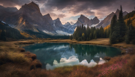 A breathtaking view of a tranquil mountain lake nestled among vibrant autumn trees, with majestic snow-covered peaks in the distance under a clear blue sky. Ideal for a serene nature retreat.の素材