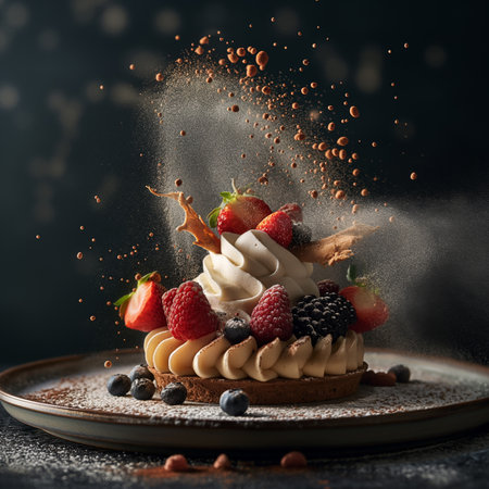 Chocolate cake with whipped cream and fresh berries on a dark backgroundの素材