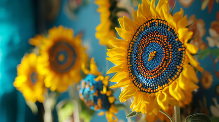 Beautiful sunflowers with embroidery on blue background, closeupの素材