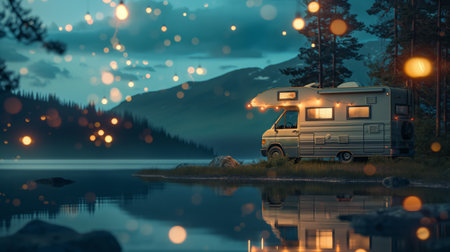 Camper van on the lake at night. 3d rendering.の素材