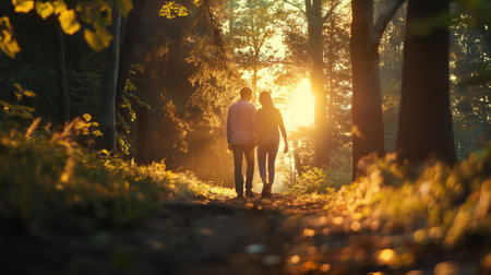 Couple in love walking in autumn forest at sunset. Young man and woman enjoying nature.の素材