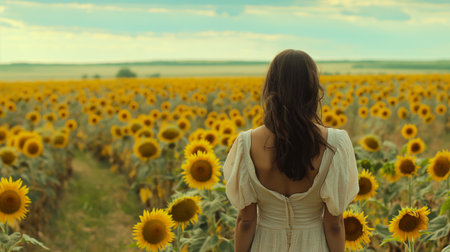 Beautiful girl in a white dress on a field of sunflowersの素材