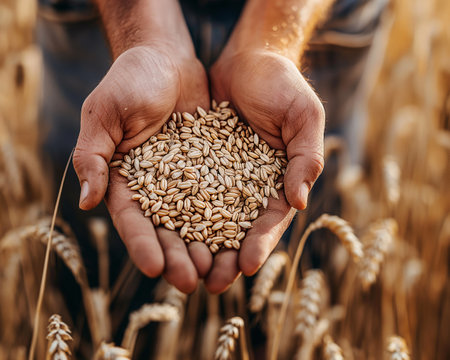 Farmer hands holding wheat grains in the field, close-upの素材