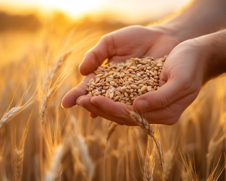 Wheat grains in man's hands on a background of wheat fieldの素材