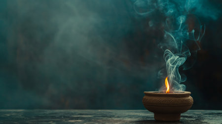 Burning diya with smoke on dark background. Diwali conceptの素材