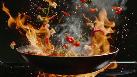 Close-up of frying pan with vegetables and flames over black backgroundの素材