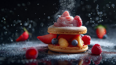 Fruit tartlet with raspberry, blueberry and strawberry on black backgroundの素材