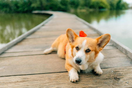 Corgi dog lies on a wooden bridge with a poppy flower behind his earの写真素材