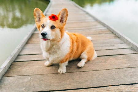 Corgi dog sitting on a wooden bridge on a pond with a poppy flower on his headの写真素材