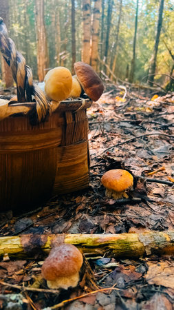 boletus mushrooms in a basket in a pine forest in the far northの写真素材