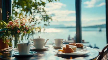 Indulge in a delightful breakfast with breathtaking ocean views at a luxurious hotel retreatの素材