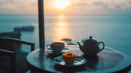 Enjoying a delightful breakfast by the ocean at a beautiful hotel, the perfect morning escape.の素材