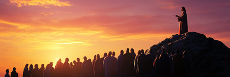 Silhouette of Jesus delivering a sermon on a mountain top in biblical ministry teachingの素材