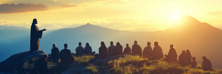 Silhouette of Jesus delivering a sermon on the mountainside in a biblical teaching contextの素材