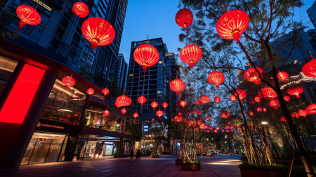 2025 lunar new year festival celebrating with bright red lanterns and traditional Chinese emblemsの素材