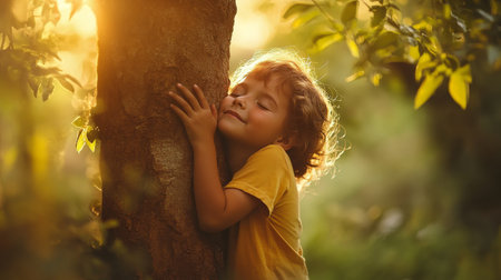 Child embracing a tree in a sunlit forest, celebrating the heartwarming connection to natureの素材