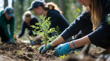 Volunteers unite to plant saplings, nurturing nature in a forested community environmentの素材