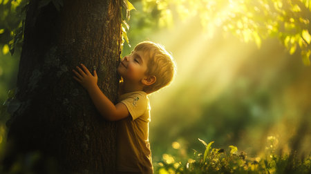 Child embracing a tree in a sunlit forest, celebrating the heartwarming connection with natureの素材