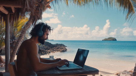 Man enjoying remote work flexibility while using laptop on the beach embracing freedomの素材