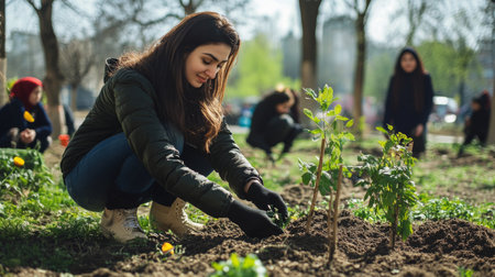 Community plants trees in a sunny park to celebrate Navruz, symbolizing growth and renewalの素材