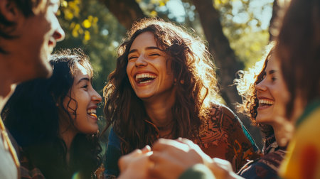 Joyful gathering of diverse individuals in a sunlit park celebrating togetherness and happinessの素材