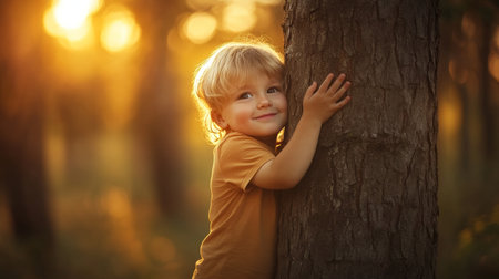 Heartwarming moment of a child embracing a tree in a sunlit forest celebrating nature s bondの素材