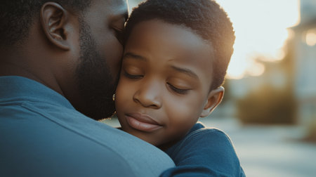 Young African American boy provides comfort to his sad father amidst themes of divorce and traumaの素材