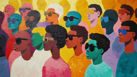 A vibrant painting depicting diverse individuals against a colorful background of peopleの素材