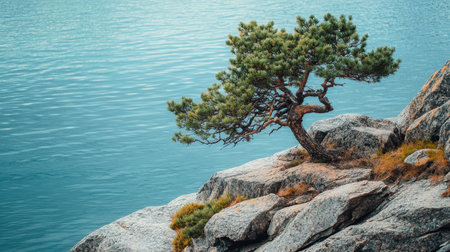 Stunning northern landscape featuring a resilient tree growing on rocks beside the sea shoreの素材