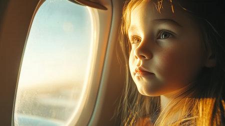 Young girl gazes out airplane window on family summer trip to an international destinationの素材