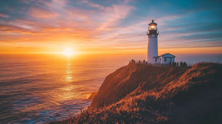 Scenic lighthouse on a cliff at sunset with people strolling along the coastal pathの素材