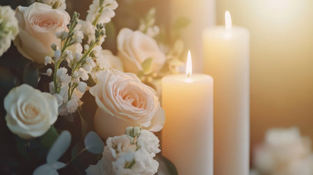 Charming rustic wedding decor featuring flowers and candles in soft focus for a banquet settingの素材